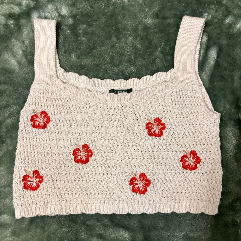 Floral Knit Crop Top - Cream and Red